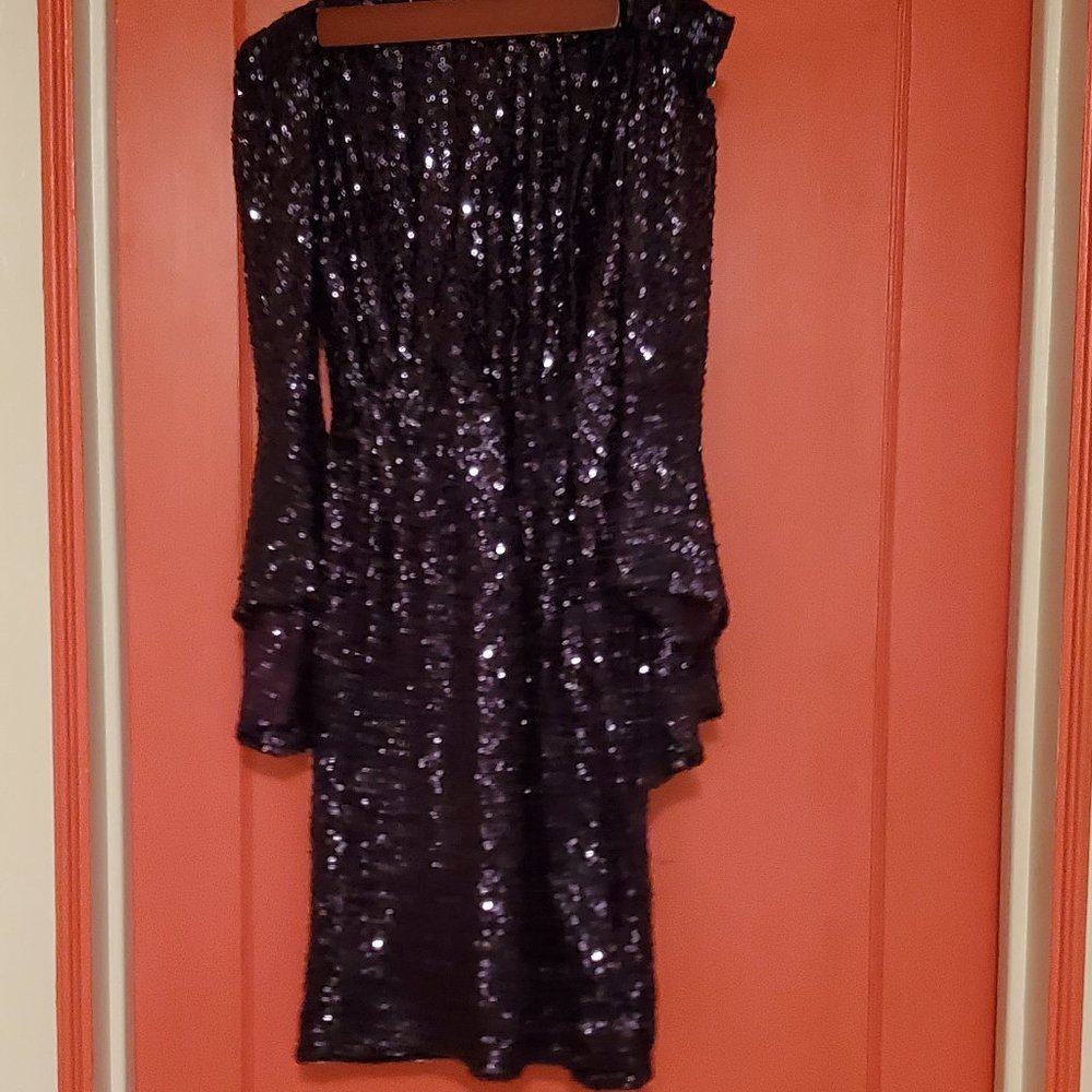 Bebe Purple Sequin Off-Shoulder Bell Sleeve Dress